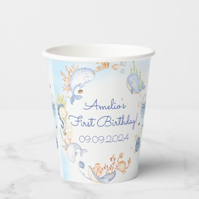 Under the Sea Blue Sea Life Birthday Party Paper Cups (Front)