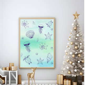 Under the sea Blue sea turtle line art poster