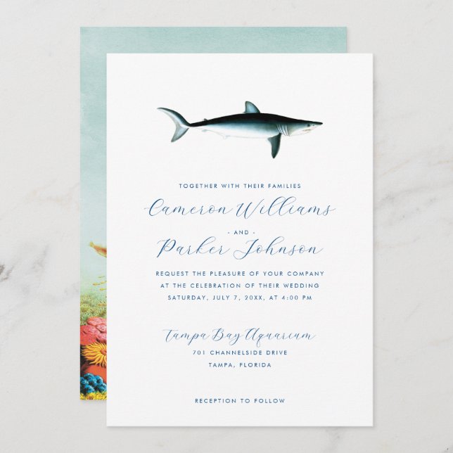 Under the Sea Blue Shark Aquarium Wedding Invitation (Front/Back)