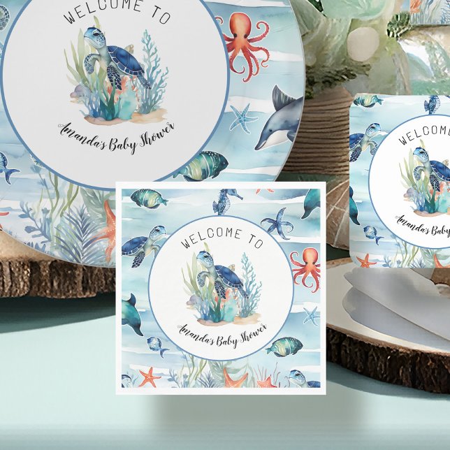 Under the Sea Blue Turtle Boy Baby Shower Napkin (Creator Uploaded)