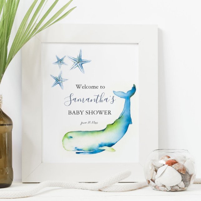 Under The Sea Blue Whale Baby Shower Posters (nautical blue whale baby shower posters watercolor art by Victoria Grigaliunas Do Tell A Belle)