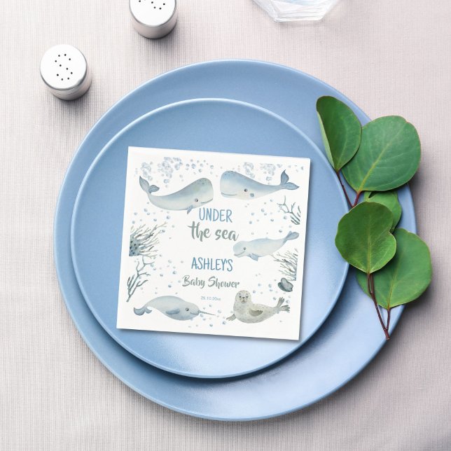 Under the sea boy baby shower printed napkin (Under the sea dusty blue pastel boy baby shower printed napkins personalized table decor)