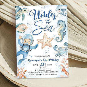 Under The Sea! Boy Cute Ocean 4th Birthday Party Invitation