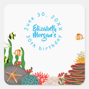 Under the Sea Cave Plants Fish Corals Birthday Square Sticker