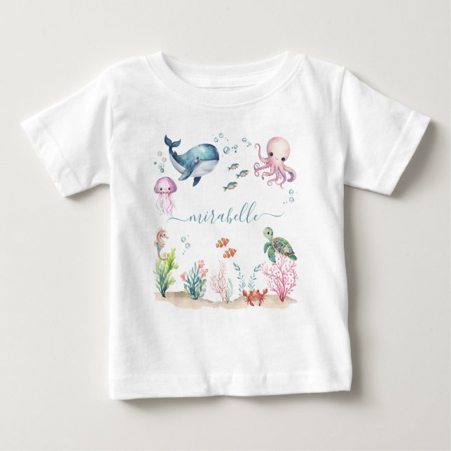 Under The Sea Colourful Animals Personalised Name Baby T-Shirt (Front)