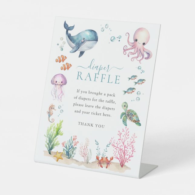 Under The Sea Colourful Baby Shower Diaper Raffle Pedestal Sign (Front)