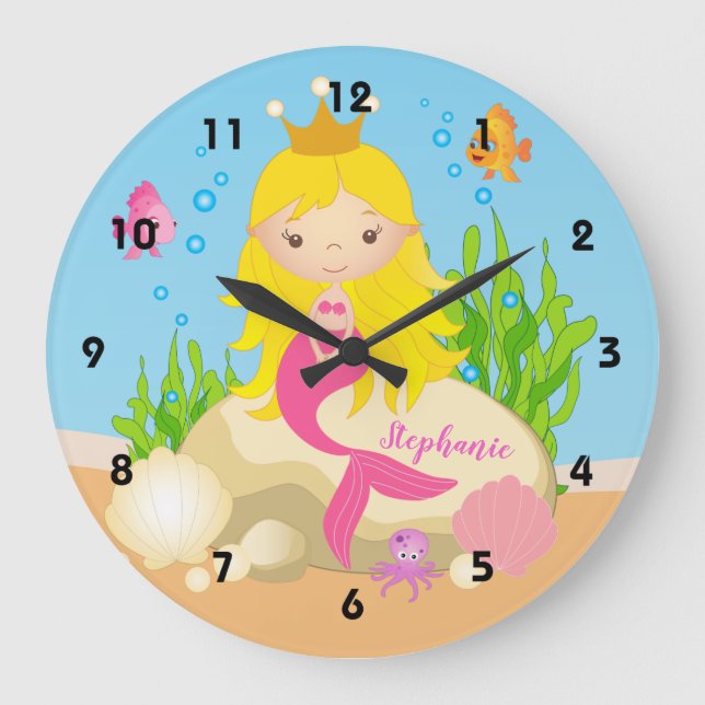 Under the Sea Cute Blonde Mermaid Custom Name Large Clock (Front)