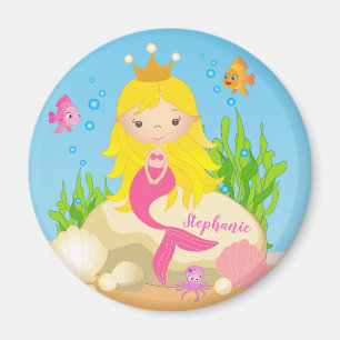 Under the Sea Cute Blonde Mermaid Custom Name Magnet