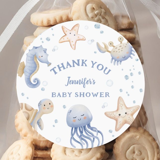 Under The Sea! Cute Blue Boy Baby Shower Classic Round Sticker (Creator Uploaded)