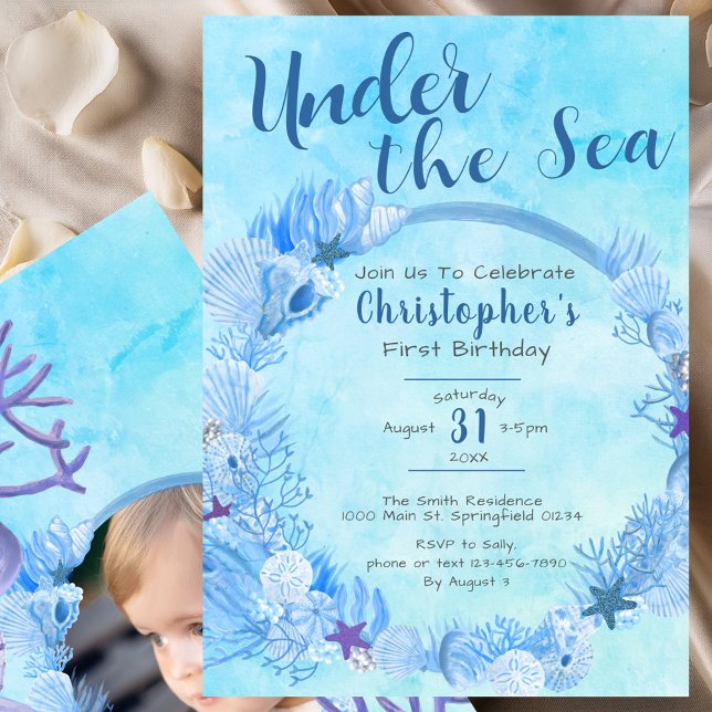Under the Sea Cute Blue Boy's 1st Birthday Party Invitation (Creator Uploaded)