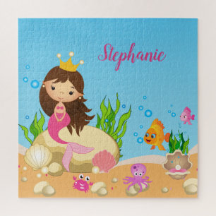 Under the Sea Cute Brunette Mermaid Custom Name Jigsaw Puzzle