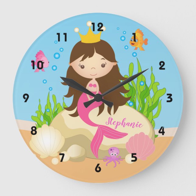 Under the Sea Cute Brunette Mermaid Custom Name Large Clock (Front)