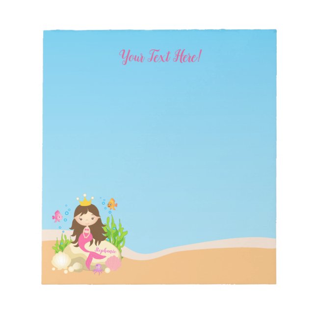 Under the Sea Cute Brunette Mermaid Custom Name Notepad (Front)