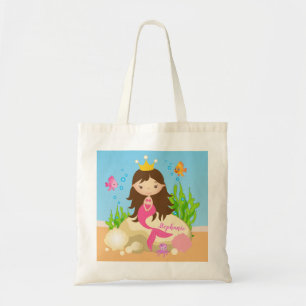 Under the Sea Cute Brunette Mermaid Custom Name Tote Bag