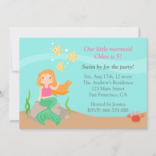Under the Sea, Cute Mermaid Girl Birthday Party Invitation (Front)