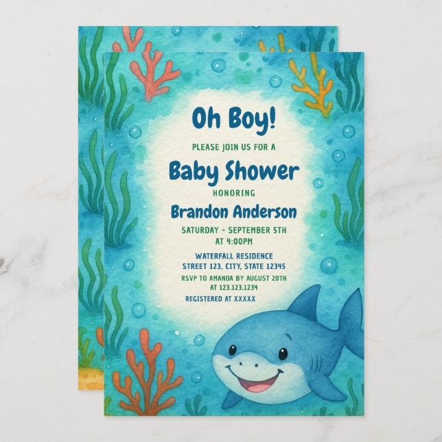Under the Sea Cute Shark Boy Baby Shower Invitation (Front/Back)