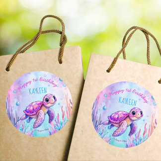 Under the sea cute turtle pink purple birthday classic round sticker