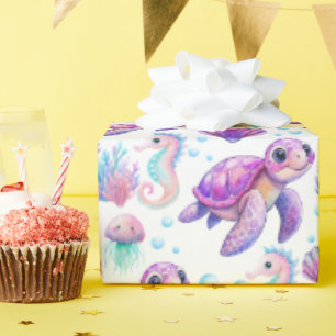 Under the sea cute turtle pink purple birthday wrapping paper