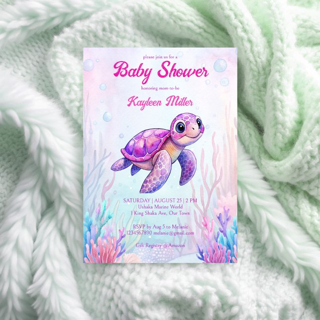 Under the sea cute turtle purple pink baby shower invitation (Under the sea cute sea turtle purple pink baby shower invitation template instant download)