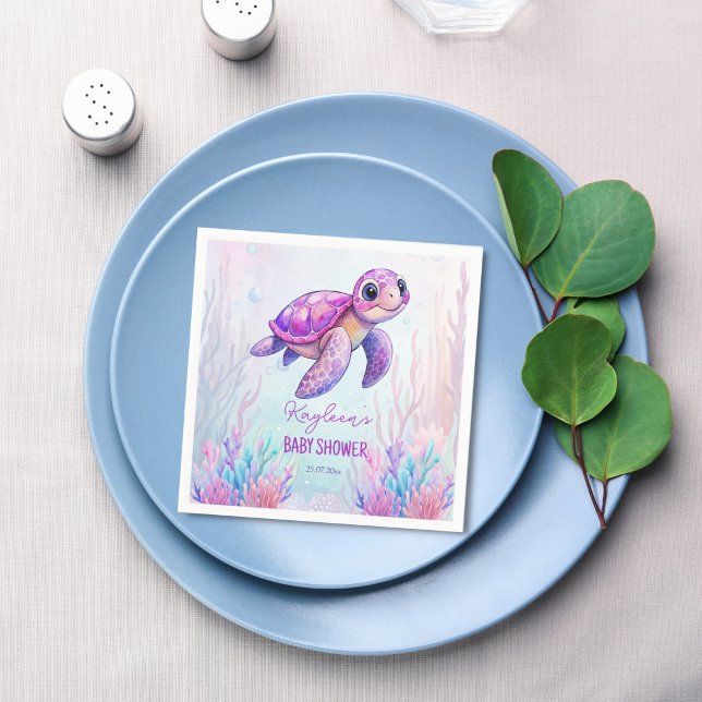 Under the sea cute turtle purple pink baby shower napkin (Under the sea cute turtle purple pink girl baby shower personalized printed napkins template)