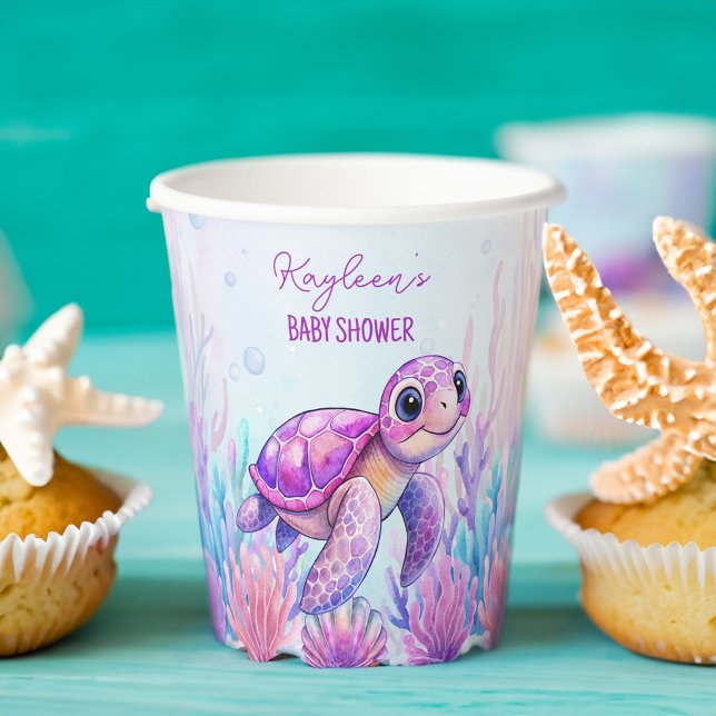 Under the sea cute turtle purple pink baby shower paper cups (Under the sea cute turtle purple pink girls baby shower monogram personalized printed paper cups)