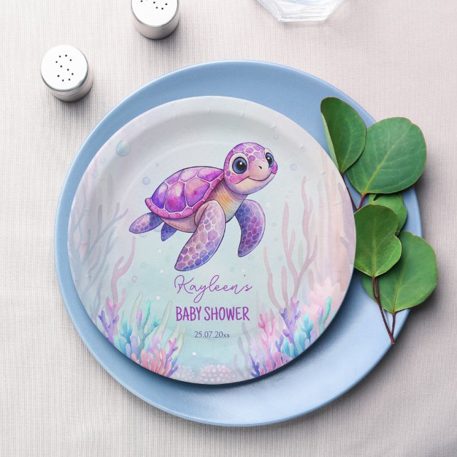 Under the sea cute turtle purple pink baby shower paper plate (Under the sea cute turtle purple pink girls baby shower personalized paper plates table decor)