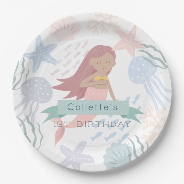 Under the Sea Dark Skin Mermaid White Birthday Paper Plate (Front)