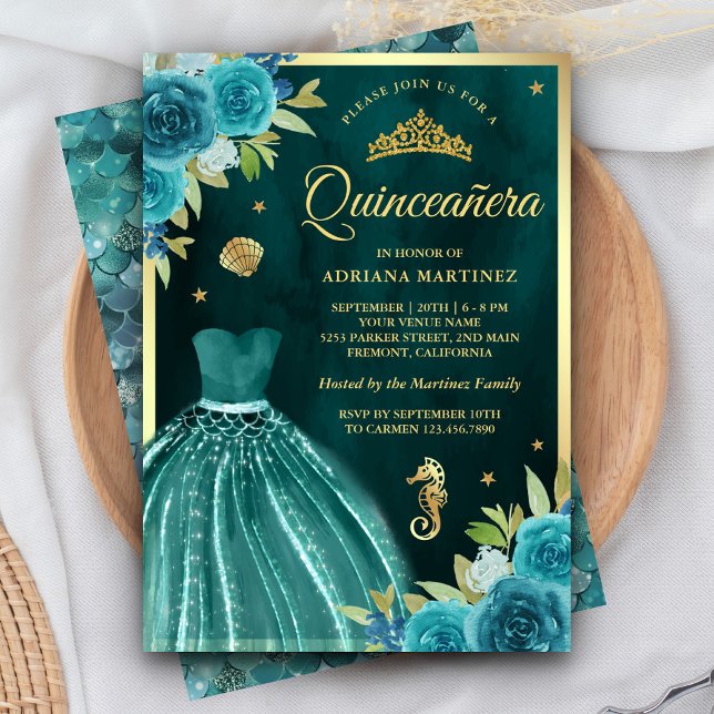 Under the Sea Dark Teal Mermaid Gold Quinceanera Invitation (Creator Uploaded)