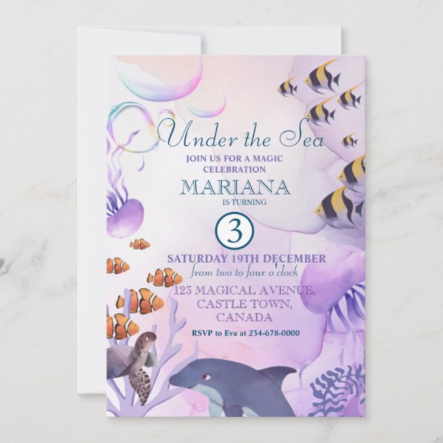 Under the Sea Dolphin Purple Fish 3rd Birthday Invitation (Front)