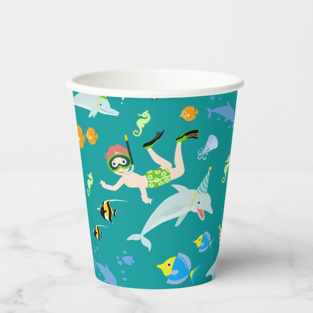 Under the sea dolphins and boy birthday party paper cups (Front)