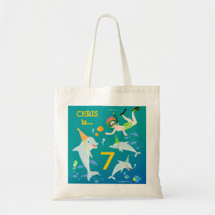 Under the sea dolphins and boy birthday party tote bag