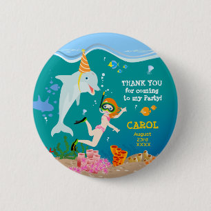 Under the sea dolphins and girl Birthday Party 6 Cm Round Badge