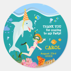 Under the sea dolphins and girl Birthday Party Classic Round Sticker