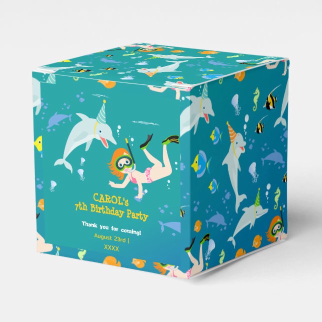 Under the sea dolphins and girl Birthday Party Favour Box (Front Side)