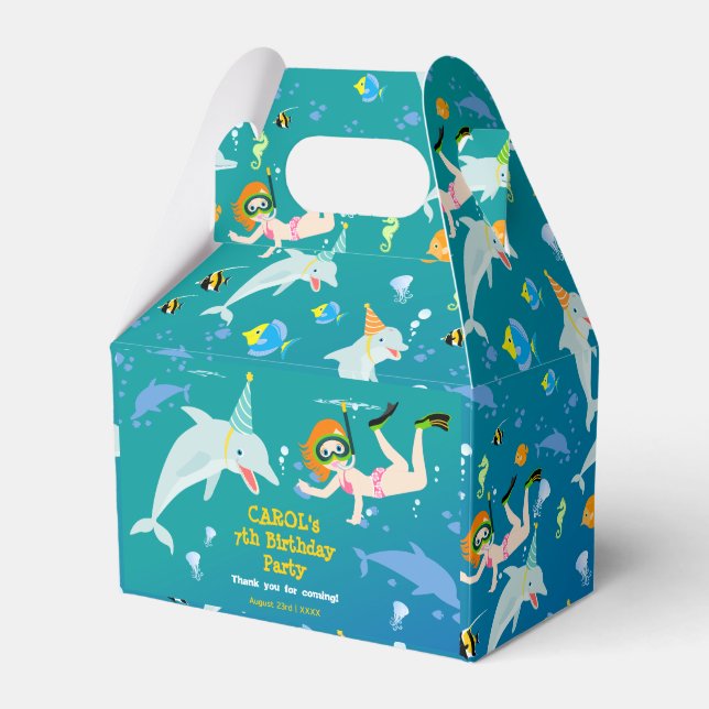Under the sea dolphins and girl Birthday Party Favour Box (Front Side)