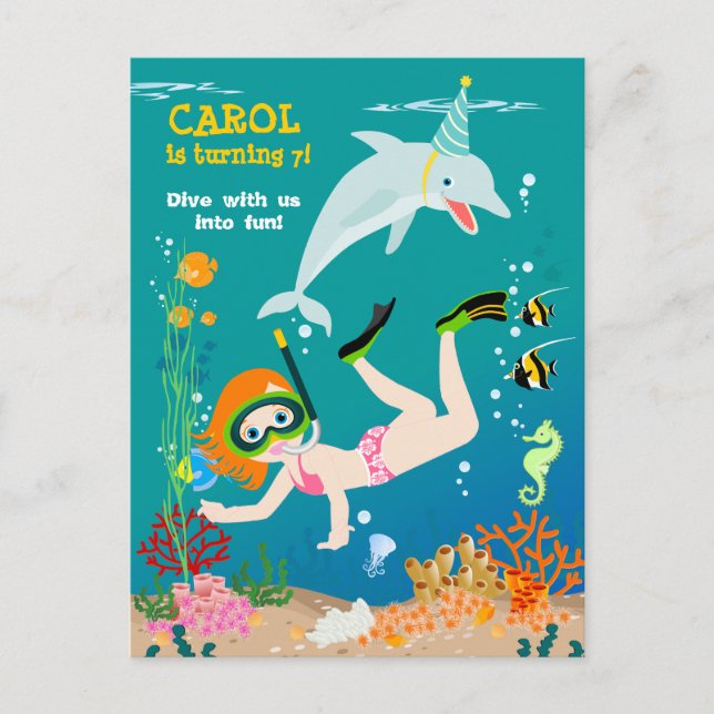 Under the sea dolphins and girl Birthday Party Invitation Postcard (Front)
