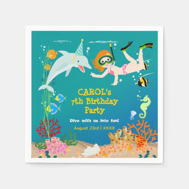 Under the sea dolphins and girl Birthday Party Napkin (Front)