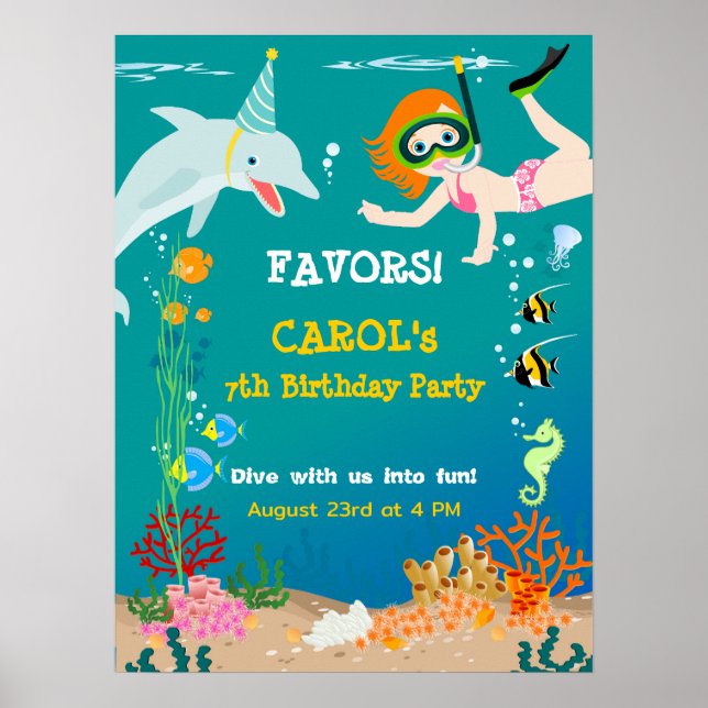 Under the sea dolphins and girl Birthday Party Poster (Front)