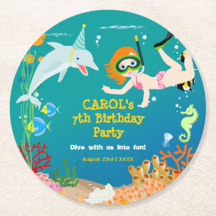 Under the sea dolphins and girl Birthday Party Round Paper Coaster