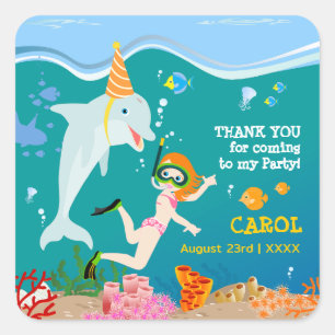 Under the sea dolphins and girl Birthday Party Square Sticker