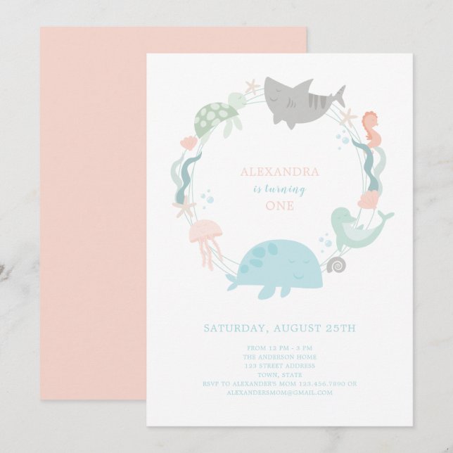 Under The Sea First Birthday Invitation (Front/Back)