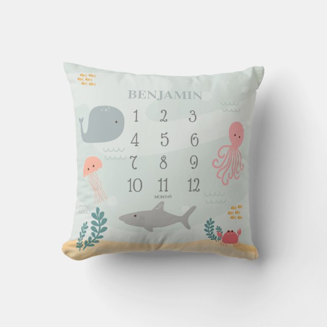 Under The Sea Friends Boy Milestone Throw Pillow (Front)