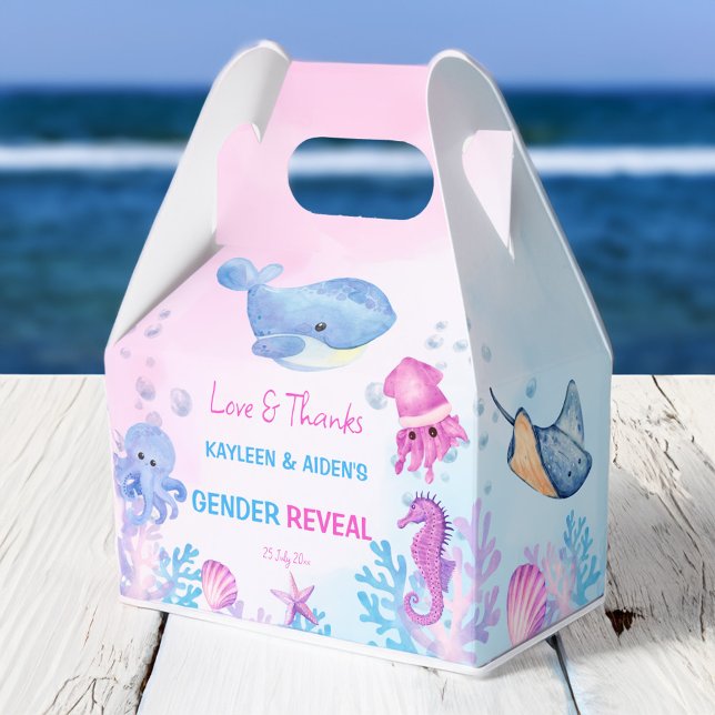 Under the sea gender reveal pink blue favour box (Under the sea gender reveal favors pink and blue cute sea creatures personalized printed favor box)