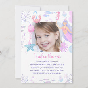 Under the Sea Girl 3rd Birthday Mermaid Photo Invitation
