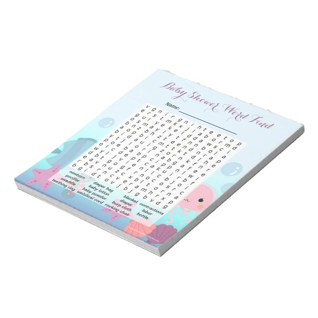 Under the Sea Girl Baby Shower Word Find Game Notepad (Rotated)