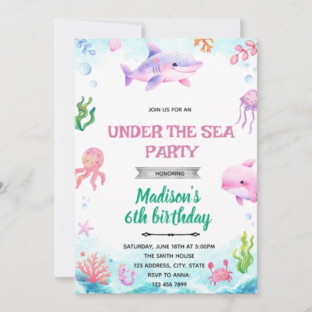 Under the sea girl party  invitation (Front)