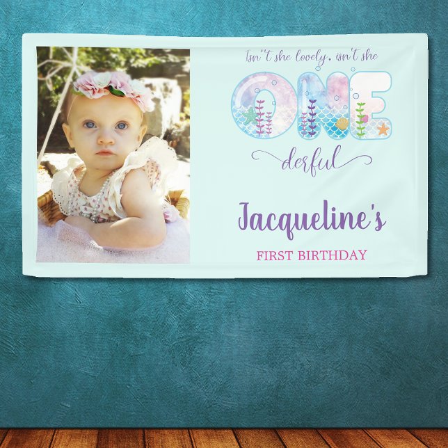 Under The Sea Girls 1st Birthday Party Banner (Under the sea blue girls 1st birthday party wall banner with photo.)