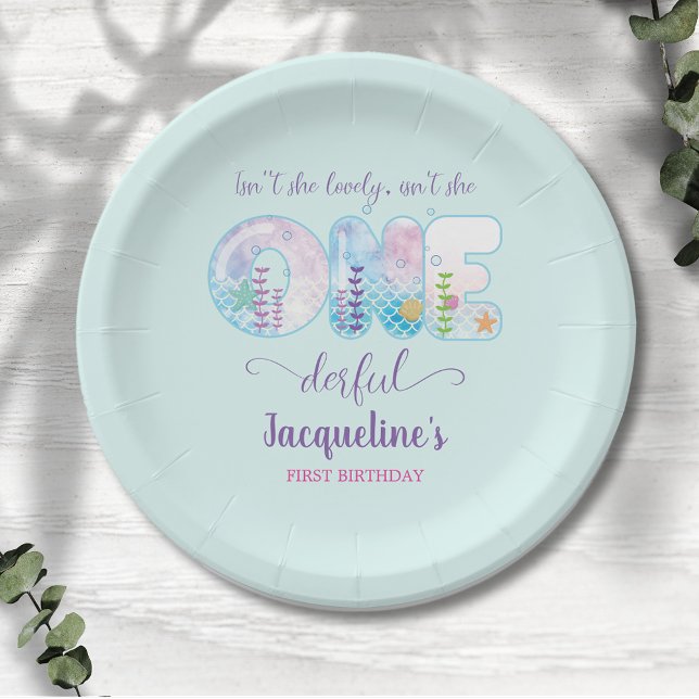 Under The Sea Girls 1st Birthday Pretty Blue Paper Plate (Under the sea girls 1st birthday  pale blue party paper plates.)