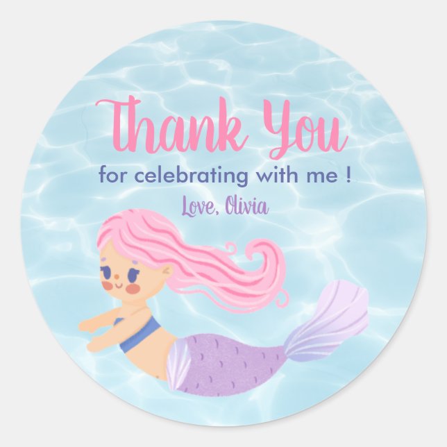 Under The Sea Girls Mermaid Birthday Thank You Classic Round Sticker (Front)