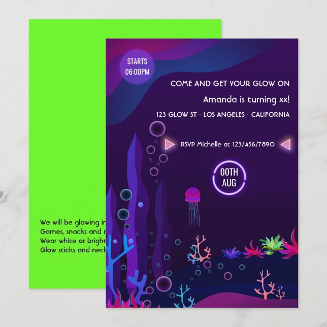 Under the Sea Glow Birthday Party Invitation (Front/Back)